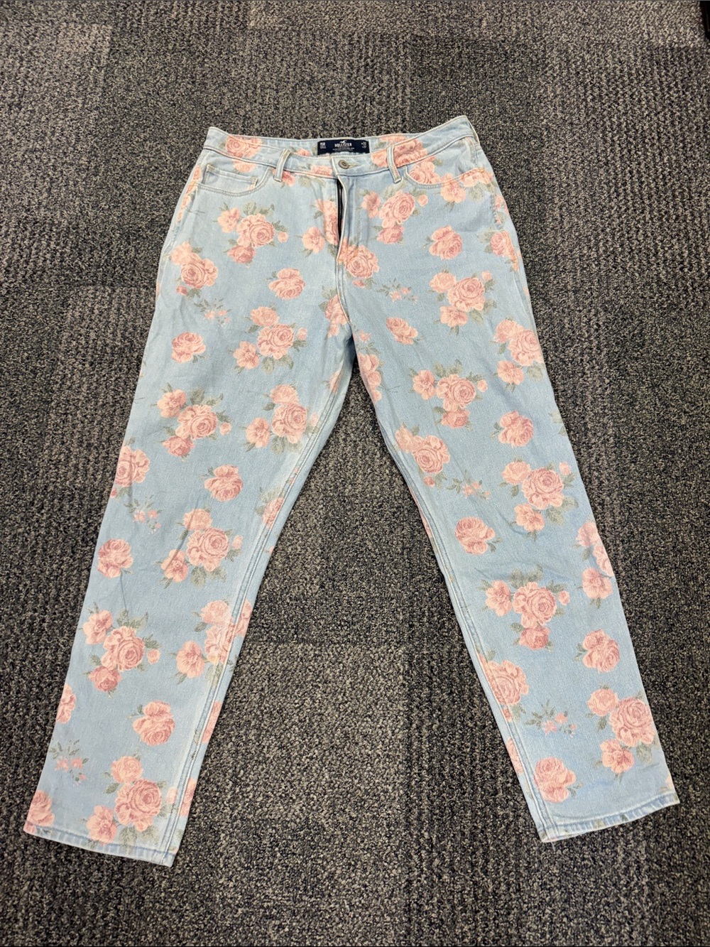 Hollister Light Blue Straight Leg Jeans with Pink Rose Print